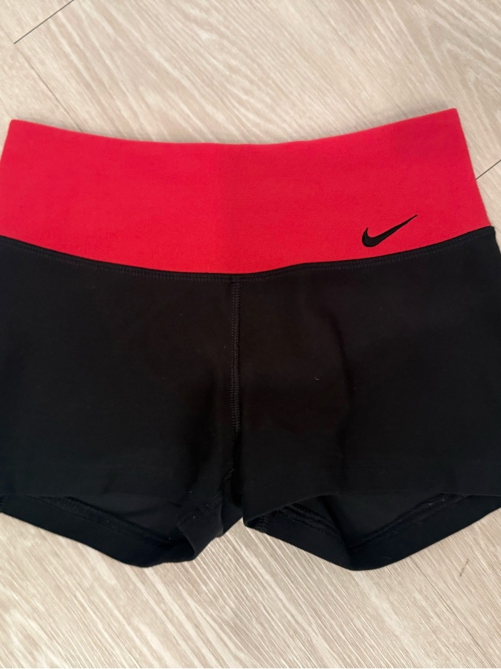 Nike Women's Black Bike Shorts with Red Waistband and Swoosh